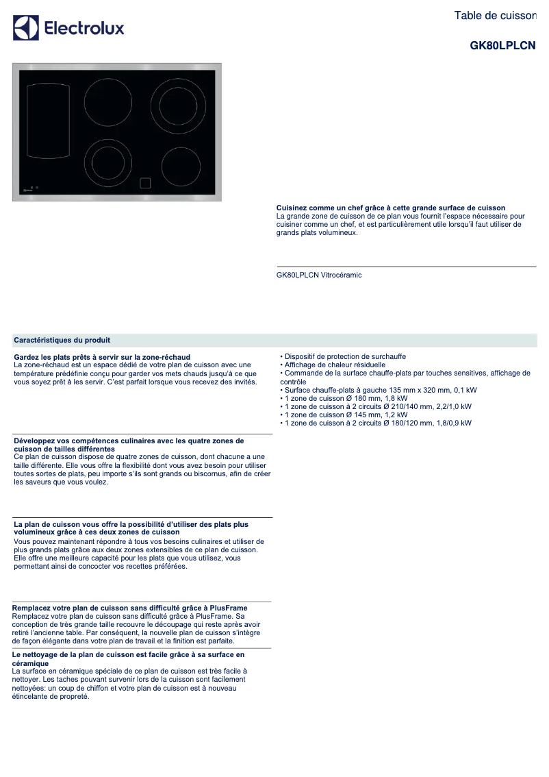 Page n°1 - Fiche technique Electrolux GK80LPLCN