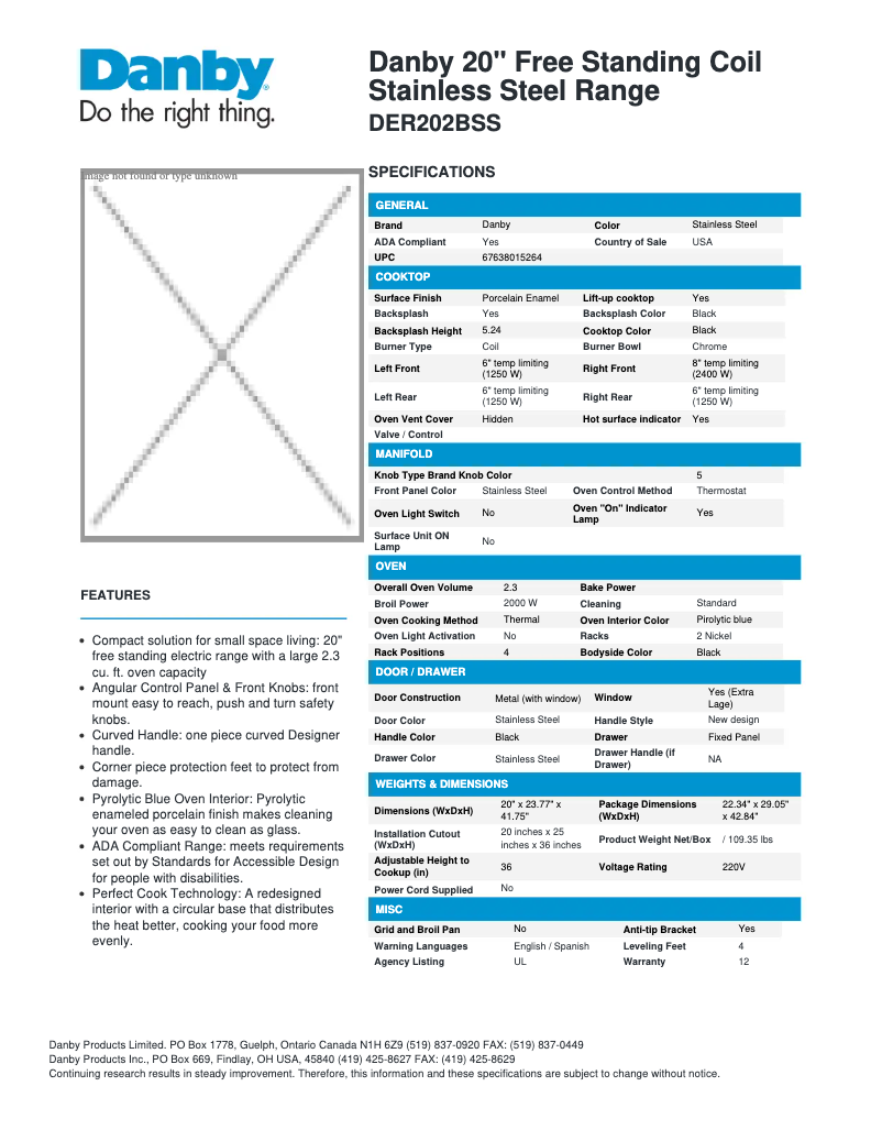 Page n°1 - Fiche technique Danby DER202BSS
