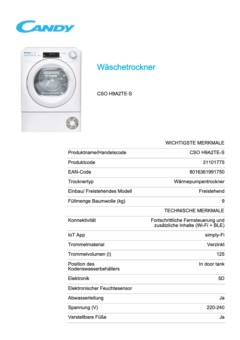 Page 1 de la notice Fiche technique Candy CSO H9A2TE-S