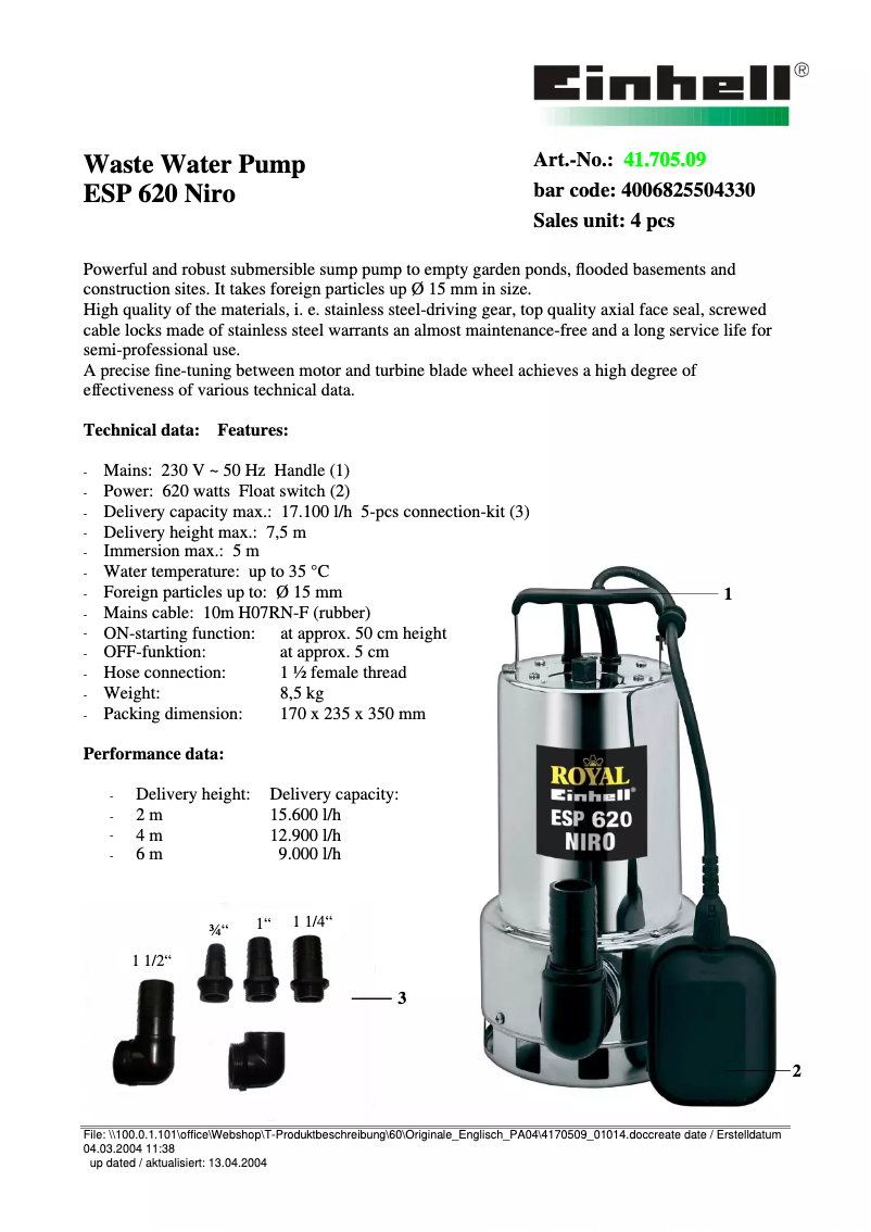 Page n°1 - Fiche technique Einhell Royal ESP 620 Niro