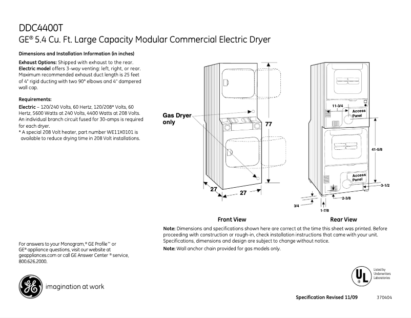 Page n°1 - Fiche technique GE DDC4400TWH