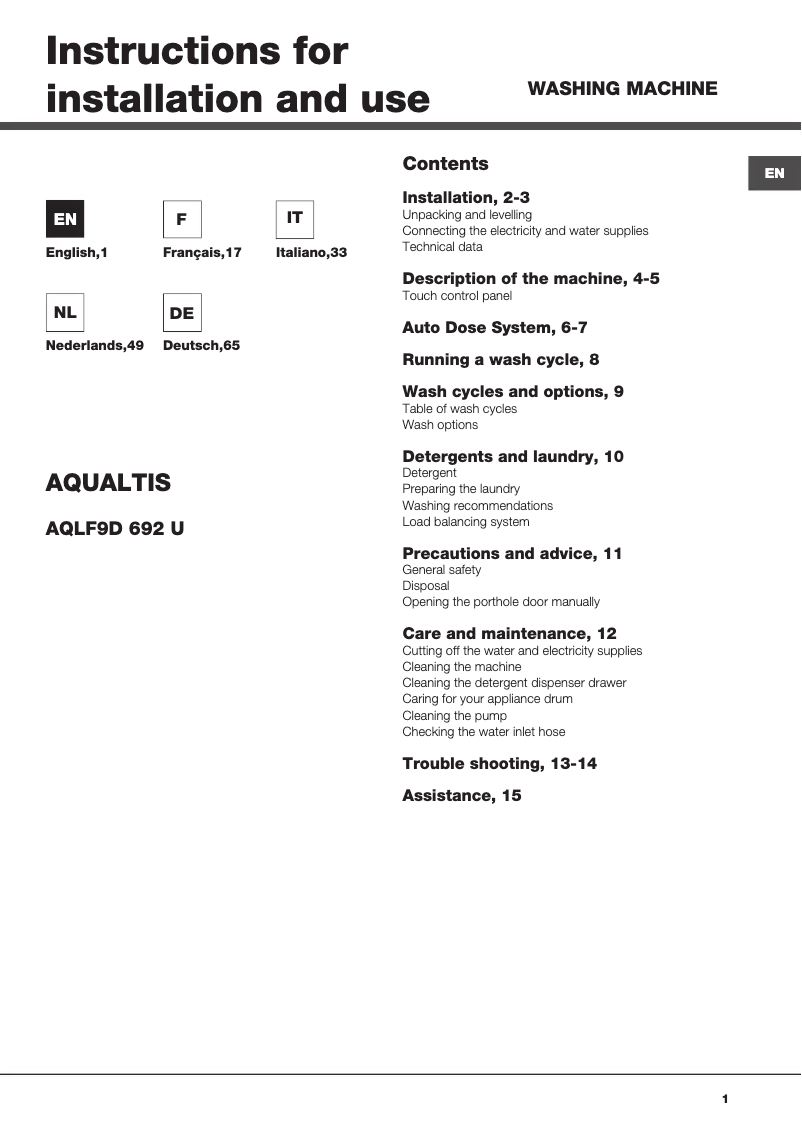 Page n°1 - Manuel utilisateur Hotpoint Ariston AQLF9D 692 U (EU)/A