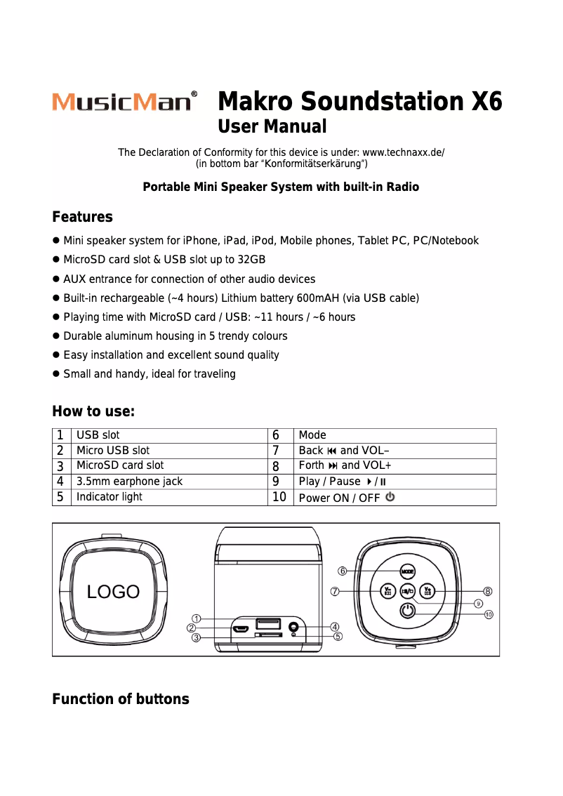 Page 1 of the manual User Manual Technaxx Makro Soundstation X6