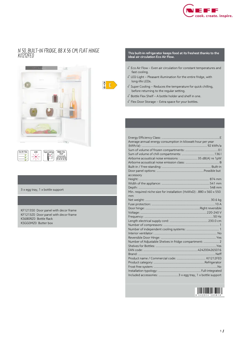 Page n°1 - Fiche technique Neff KI1212FE0