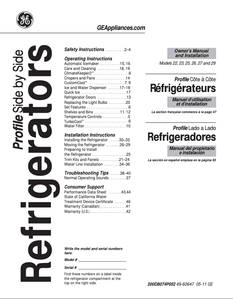 Page n°1 - Manuel d'utilisation et d'entretien GE Profile PSDF5RGXWW