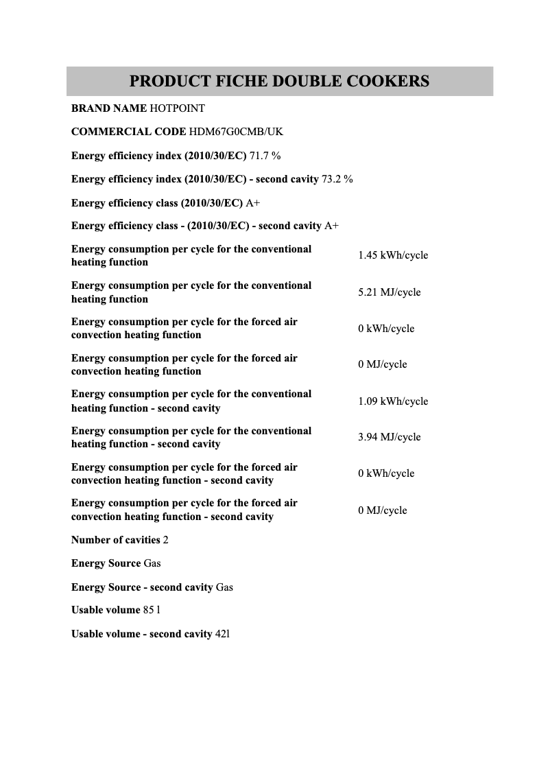 Page 1 de la notice Fiche technique Hotpoint HDM67G0CMB/UK