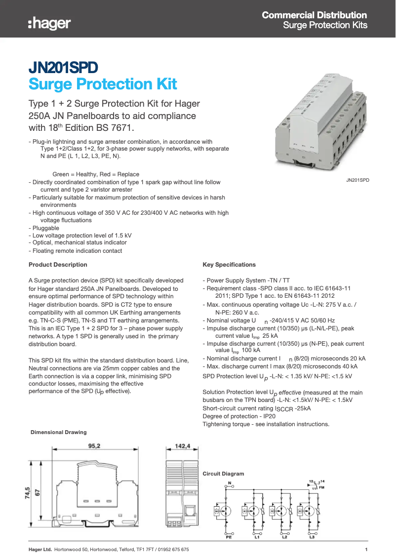 Page 1 de la notice Fiche technique Hager JN201SPD