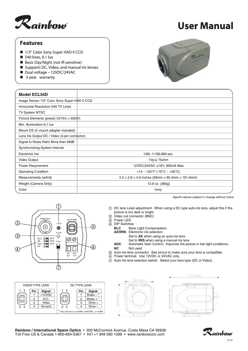 Page 1 de la notice Manuel utilisateur Rainbow ECL54D