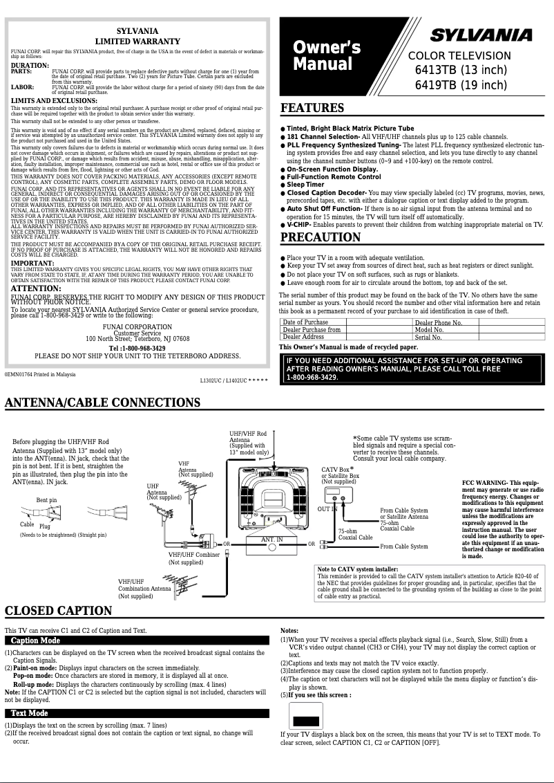 Page 1 de la notice Manuel utilisateur Sylvania 6413TB