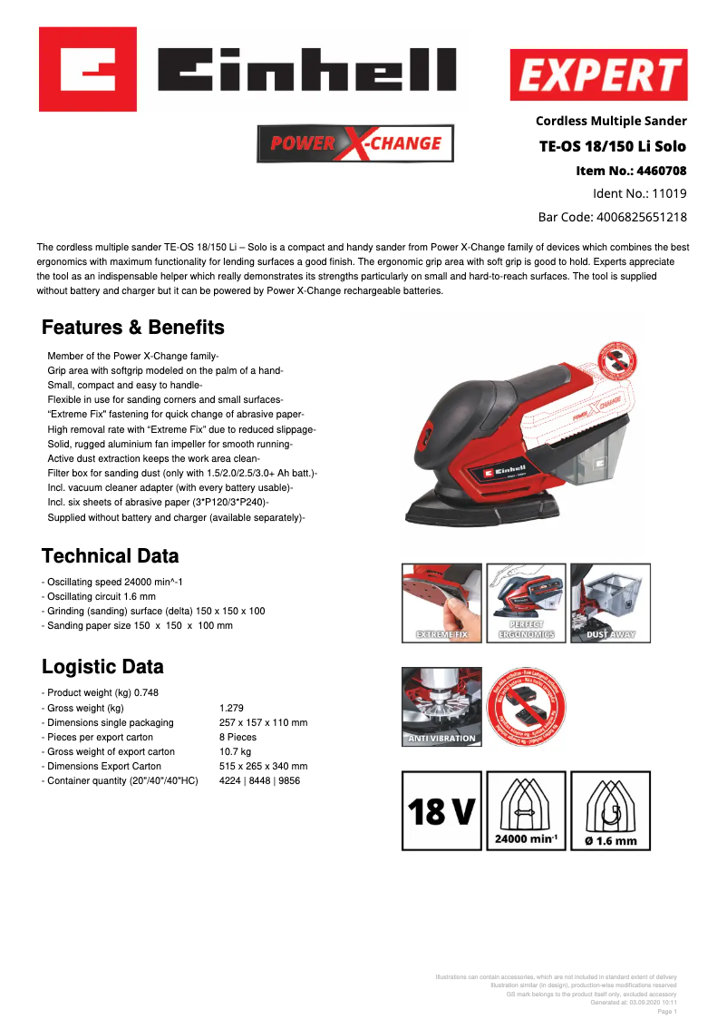 Page 1 de la notice Fiche technique Einhell TE-OS 18/150 Li Solo
