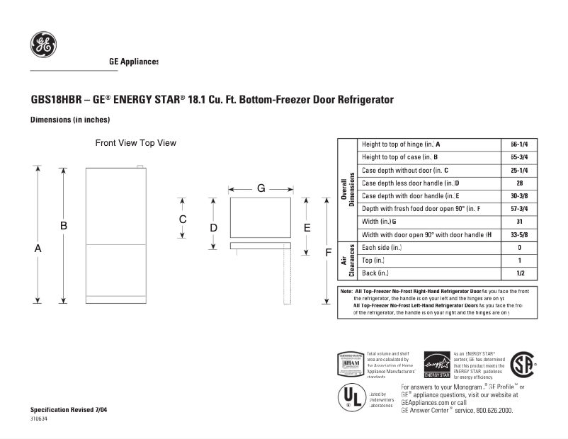 Page 1 de la notice Fiche technique GE GBS18HBRWW