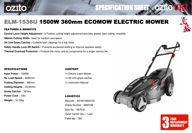 Page 1 de la notice Fiche technique Ozito ELM-1536U