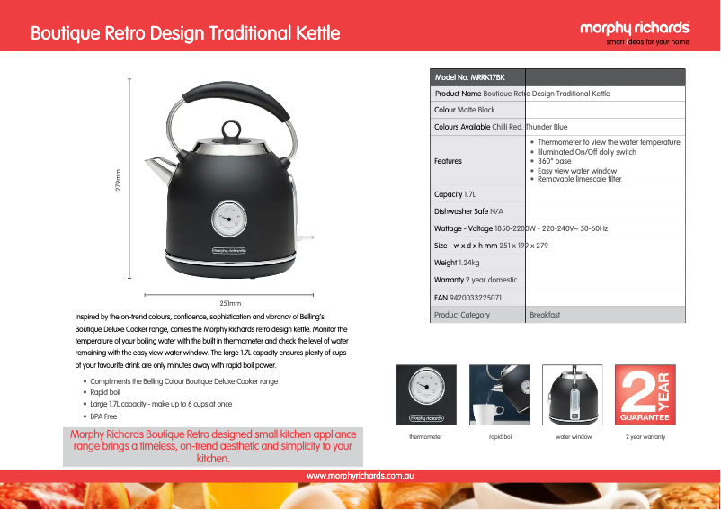 Page 1 de la notice Fiche technique Morphy Richards Boutique Retro MRRK17BK