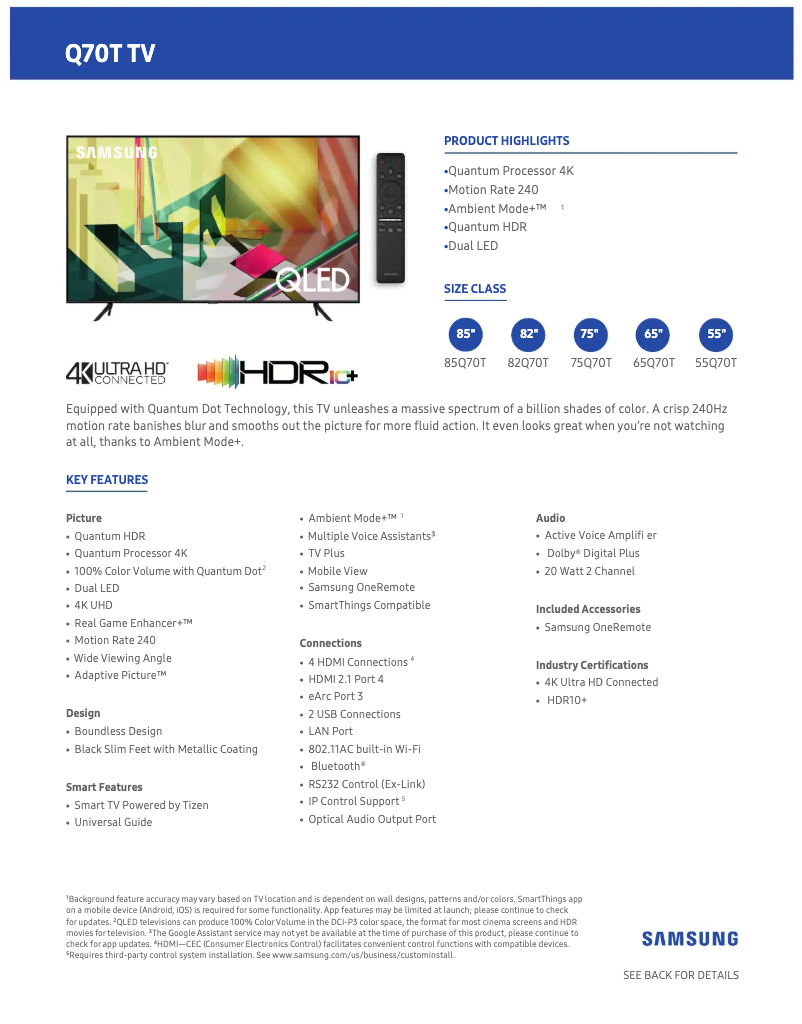 Page n°1 - Fiche technique Samsung QN65Q70TAFXZA
