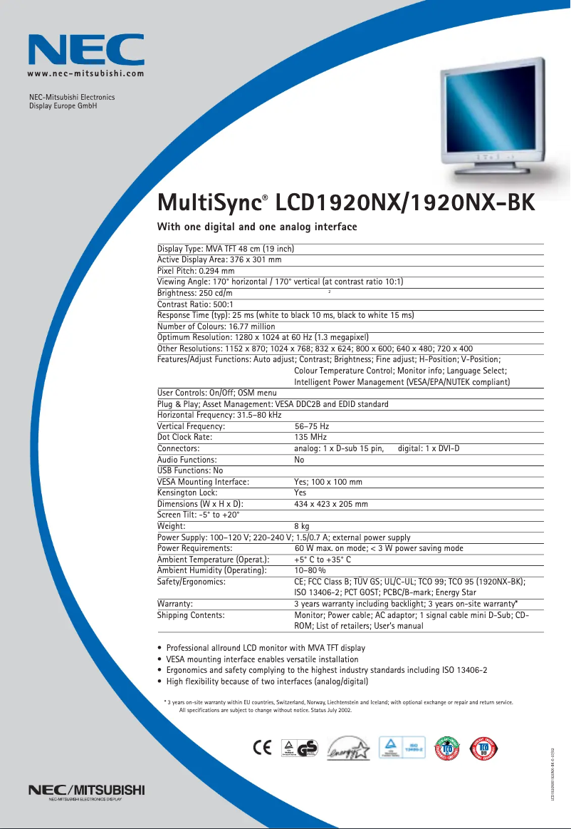 Page 1 de la notice Fiche technique NEC MultiSync LCD1920NXBK