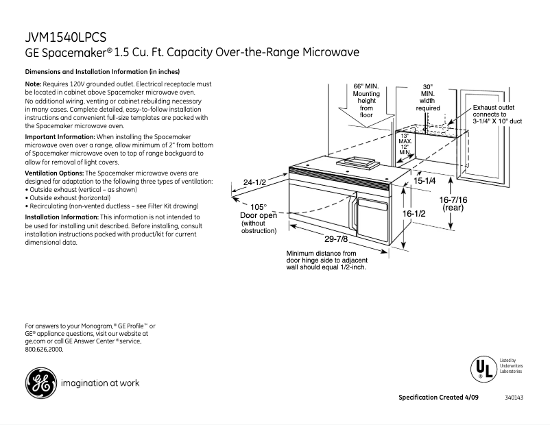 Page n°1 - Fiche technique GE Spacemaker JVM1540LPCS