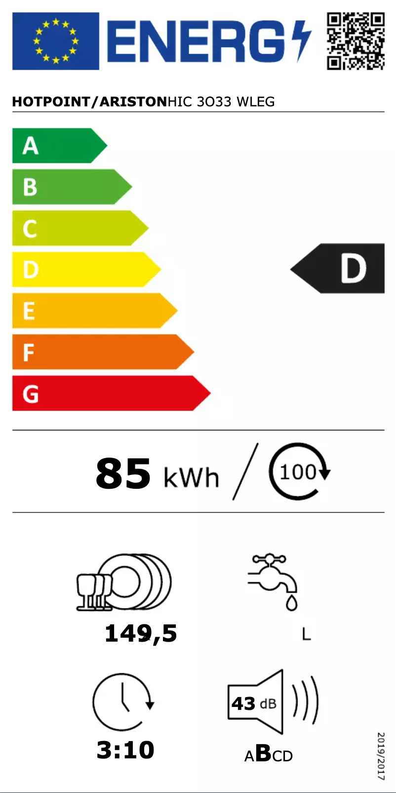 Page 1 de la notice Label énergétique Hotpoint HIC 3O33 WLEG