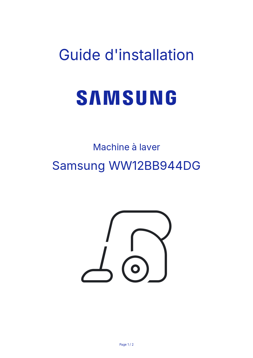 Page n°1 - Guide d'installation Samsung WW12BB944DG