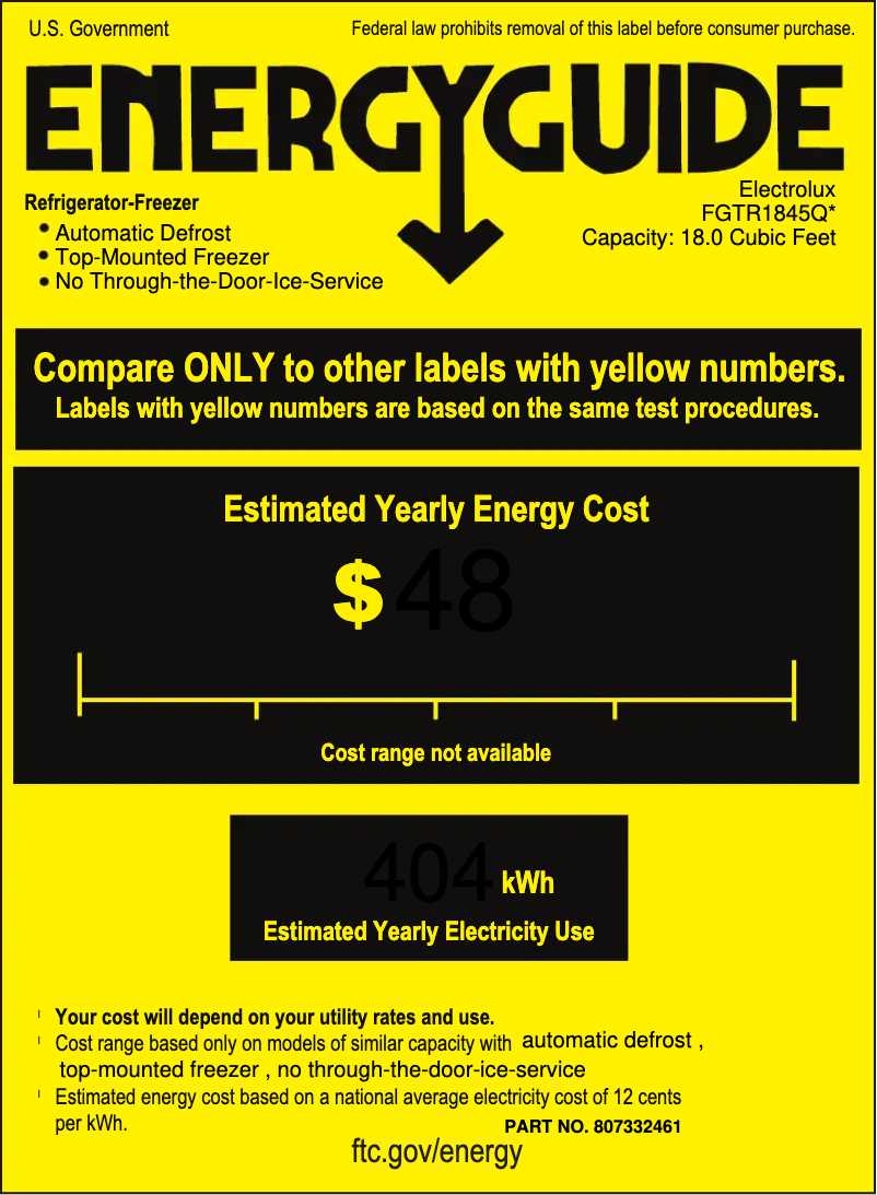 Page 1 de la notice Label énergétique Frigidaire FGTR1845Q
