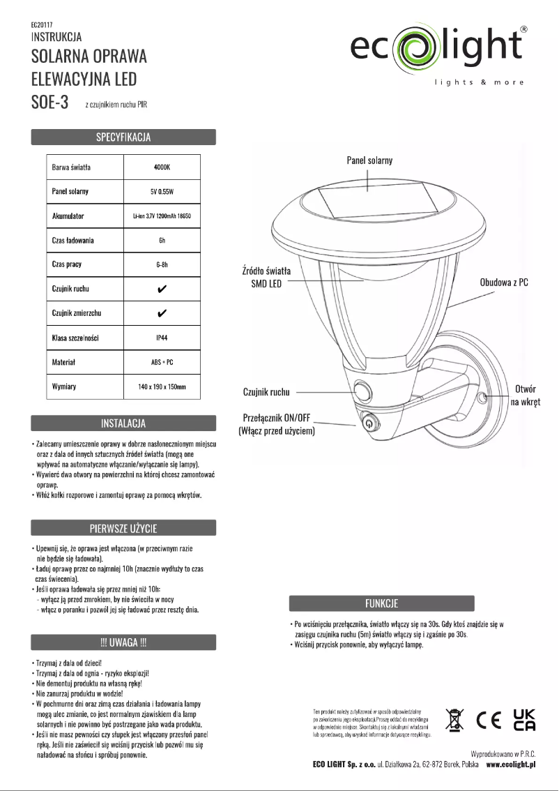 Page n°1 - Manuel utilisateur Ecolight SOE-3
