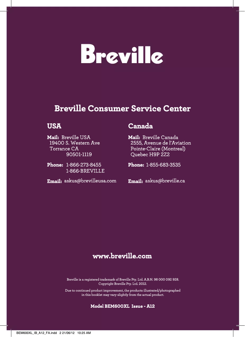 Page 1 de la notice Manuel utilisateur Breville the Handy Stand Mixer BEM600XL