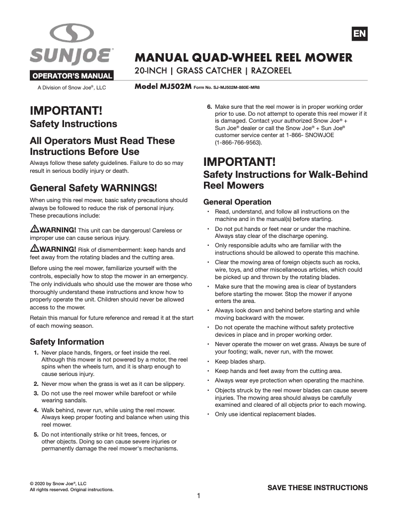 Page 1 de la notice Manuel utilisateur Sun Joe MJ502M