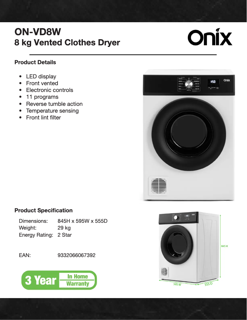 Page n°1 - Fiche technique Onix ON-VD8W