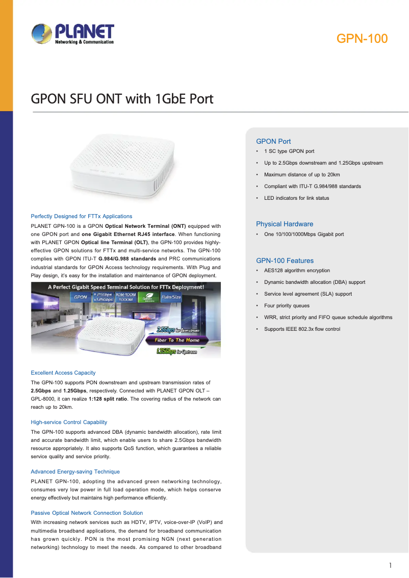 Page 1 de la notice Fiche technique Planet GPN-100