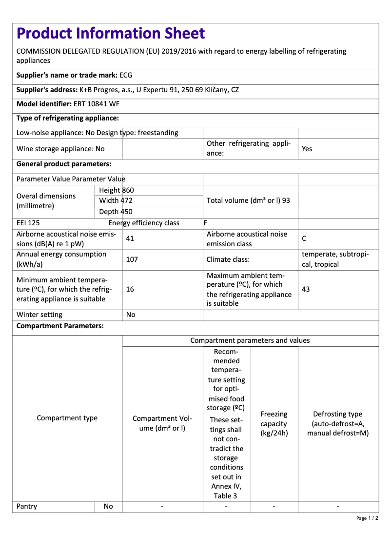 Page n°1 - Fiche technique ECG ERT 10841 WF