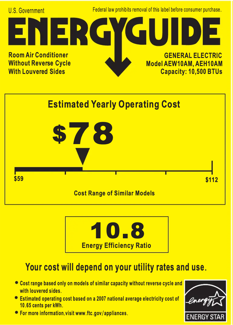 Page 1 de la notice Label énergétique GE AEW10AM