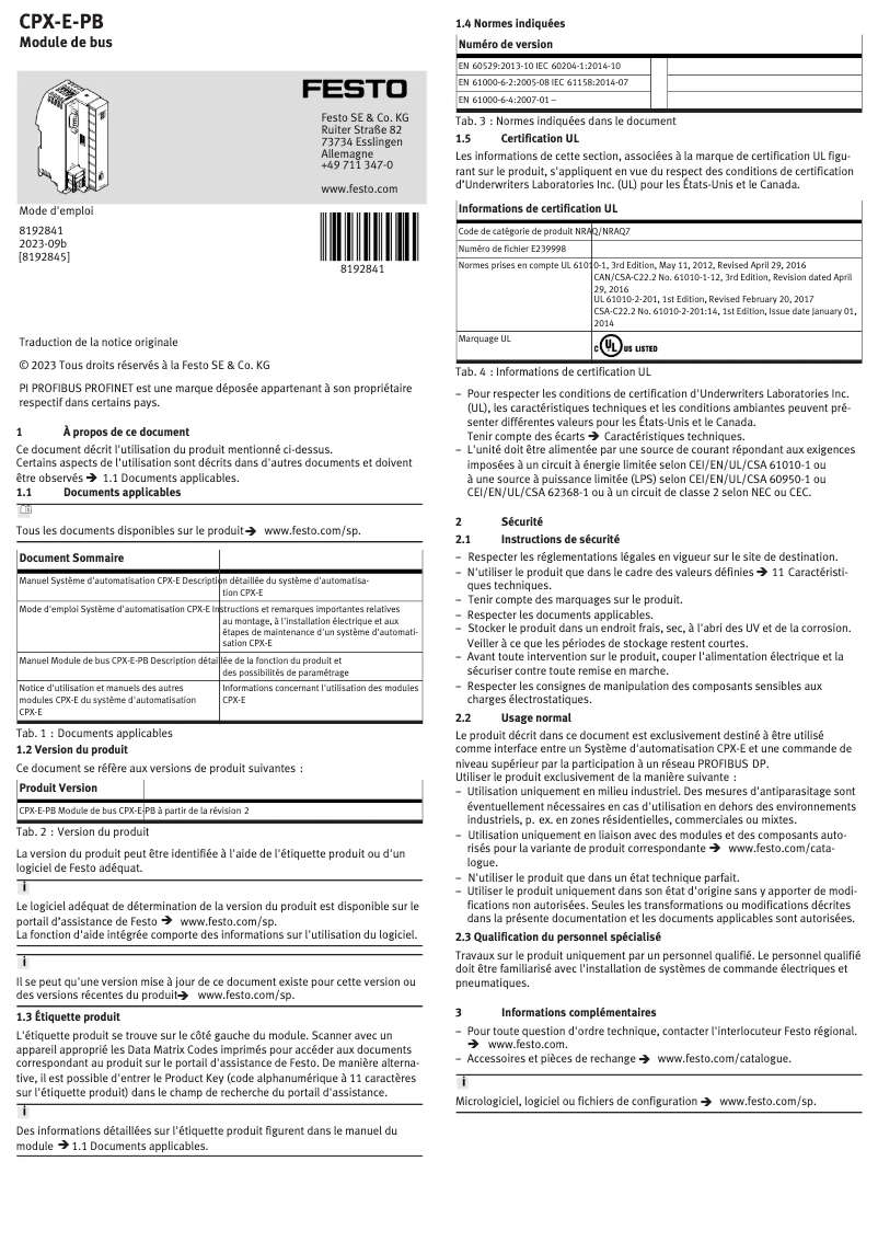 Page 1 de la notice Manuel utilisateur Festo CPX-E-PB