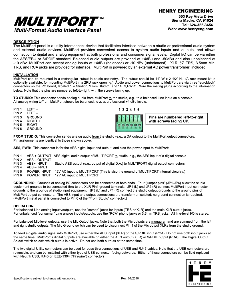 Page 1 de la notice Manuel utilisateur Henry Engineering MultiPort