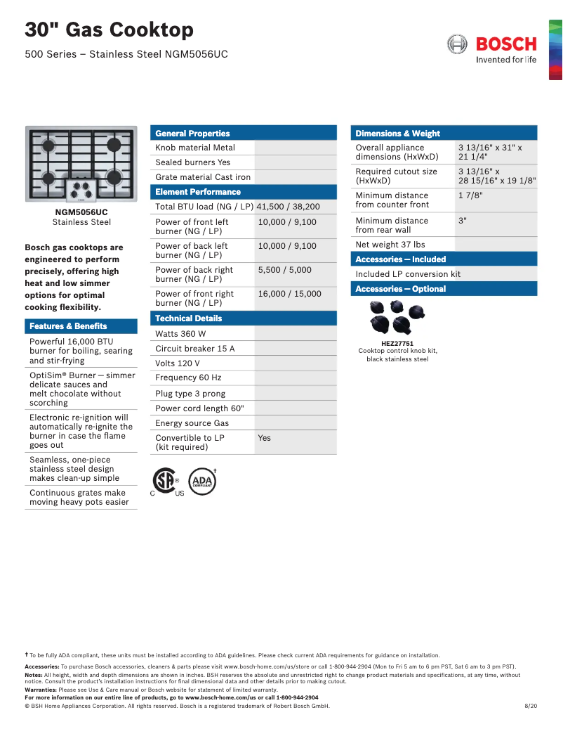 Page 1 de la notice Fiche technique Bosch NGM5056UC