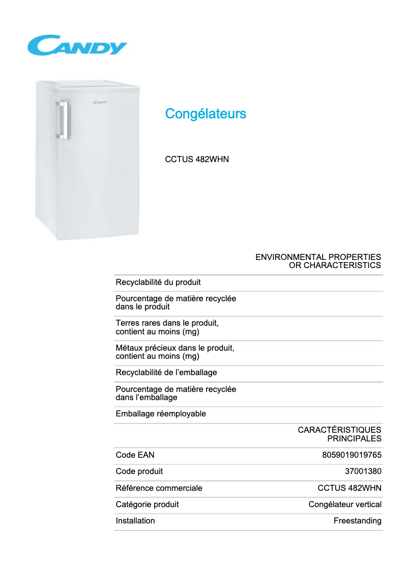 Page 1 de la notice Fiche technique Candy CCTUS 482WHN