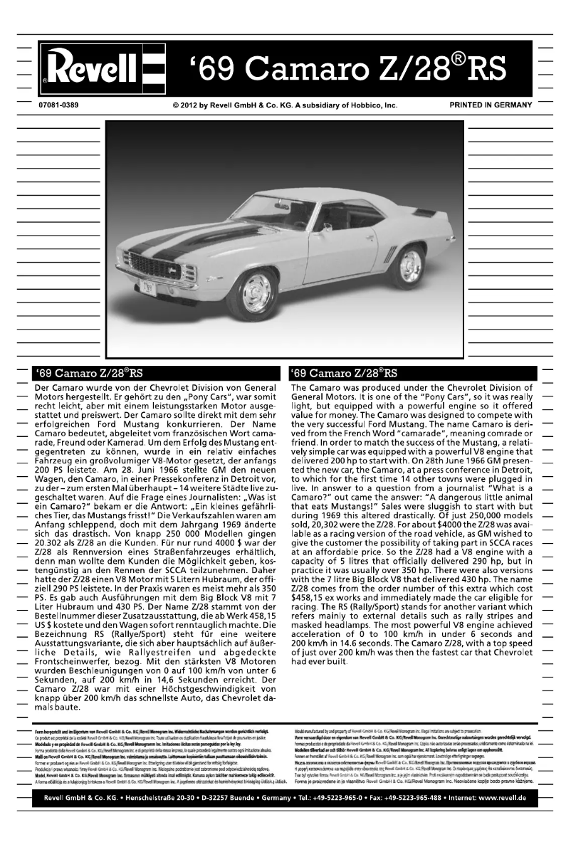 Image de la première page du manuel de l'appareil '69 Camaro Z/28 RS