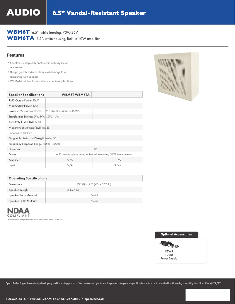 Page 1 de la notice Fiche technique Speco Technologies WBM6TA