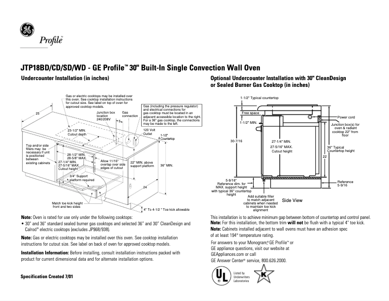 Page 1 de la notice Fiche technique GE Profile JTP18SDSS