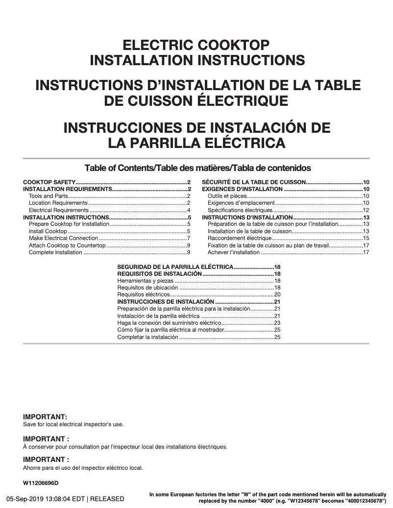 Page 1 de la notice Informations de garantie Whirlpool WCE55US0HS