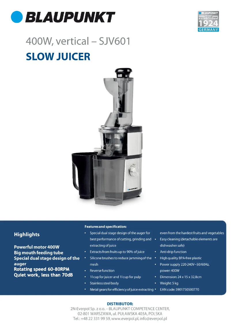 Page 1 de la notice Fiche technique Blaupunkt SJV601