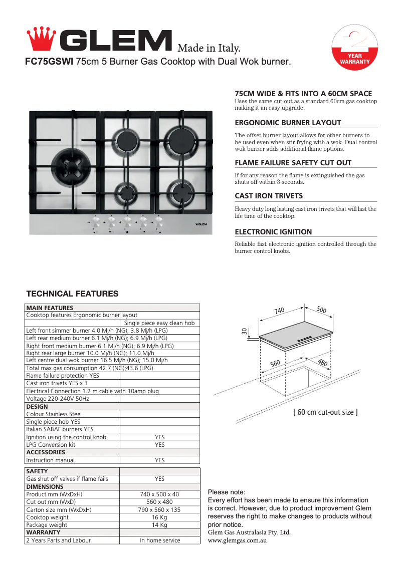 Page n°1 - Fiche technique Glem Gas FC75GSWI