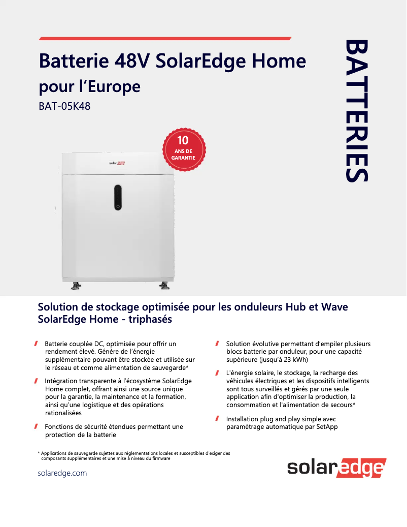 Page 1 de la notice Guide d'installation SolarEdge IAC-RBAT-5KCTOW-01