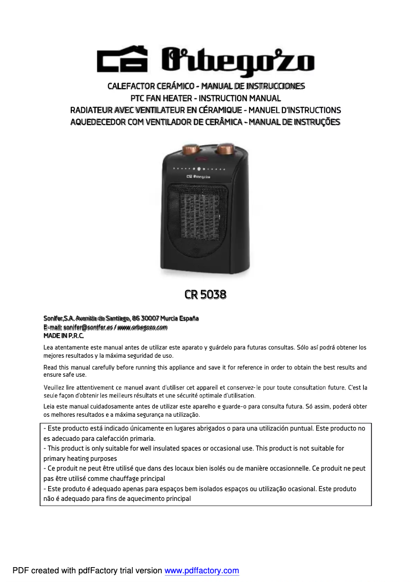 Page 1 de la notice Manuel utilisateur Orbegozo CR 5038