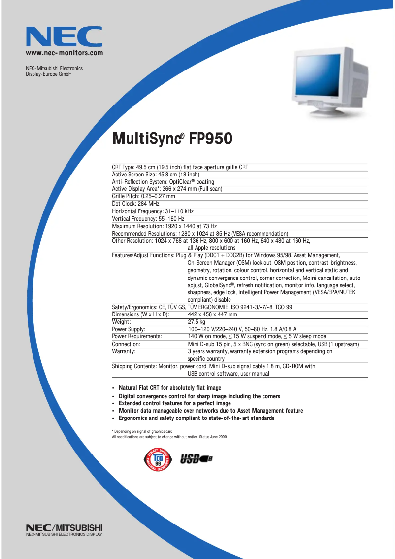Imagen de la primera página del manual del dispositivo MultiSync FP950