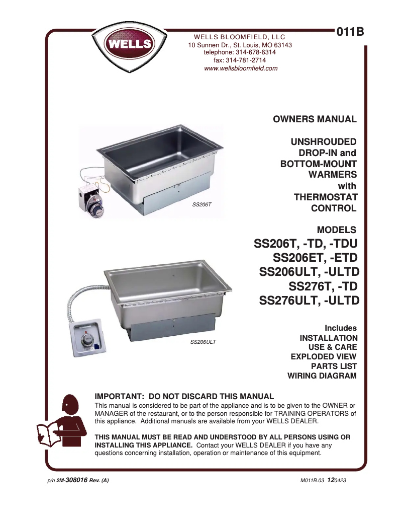 Page 1 de la notice Manuel utilisateur Wells SS276TU