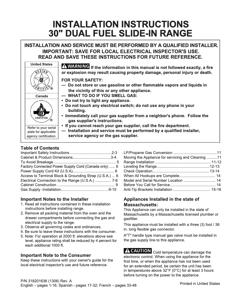 Page 1 de la notice Guide d'installation Electrolux EW30DS80RS