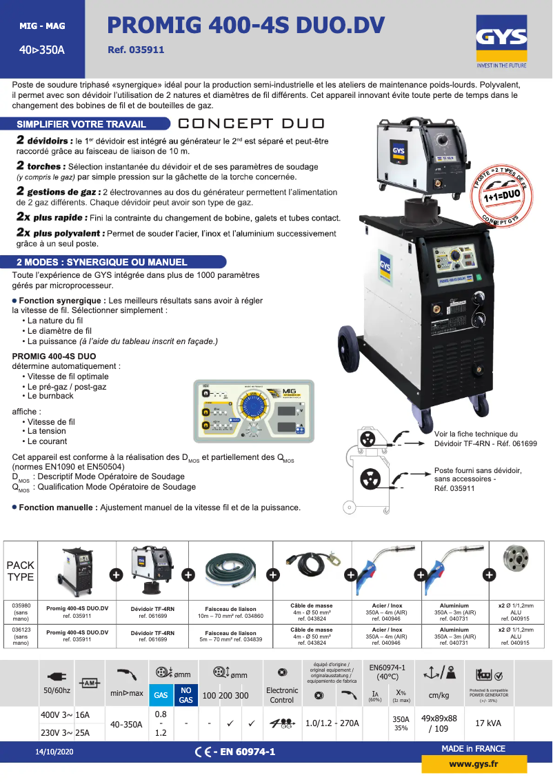 Page 1 de la notice Fiche technique GYS Promig 400 4S DUO DV