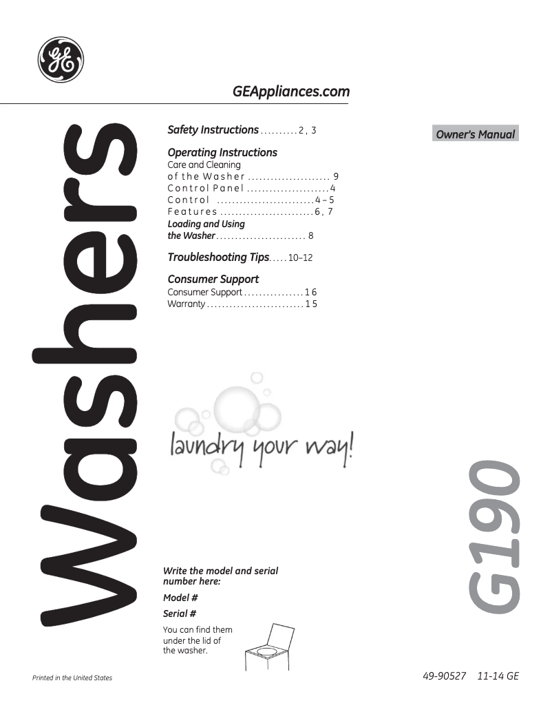 Page 1 de la notice Manuel d'utilisation et d'entretien GE GCWN4950DWS