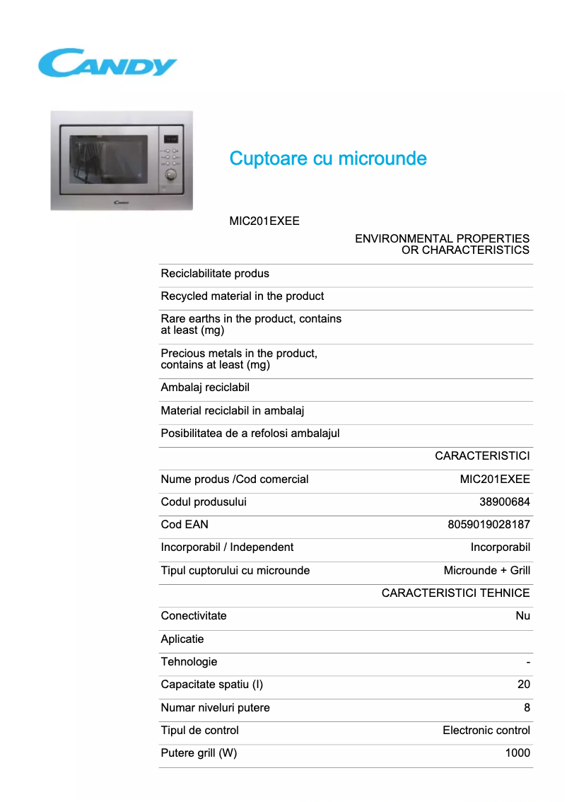 Page 1 de la notice Fiche technique Candy MIC201EXEE