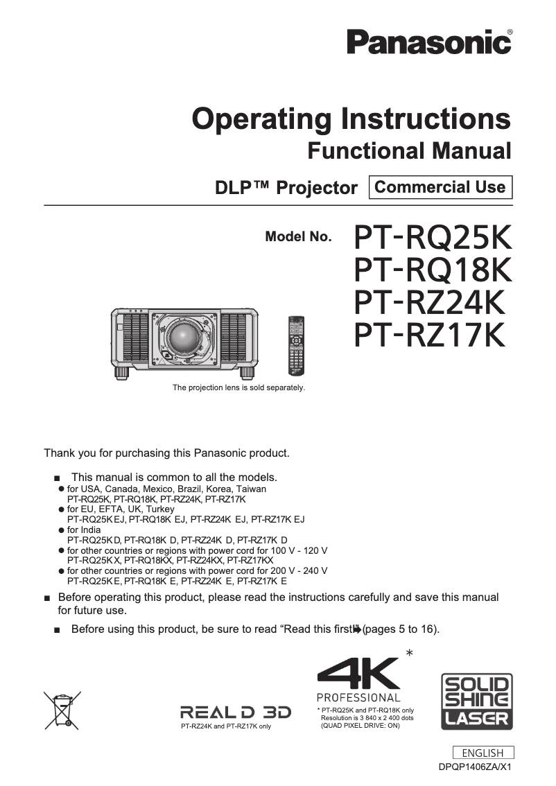 Página 1 del manual Manual de usuario Panasonic PT-RZ17K