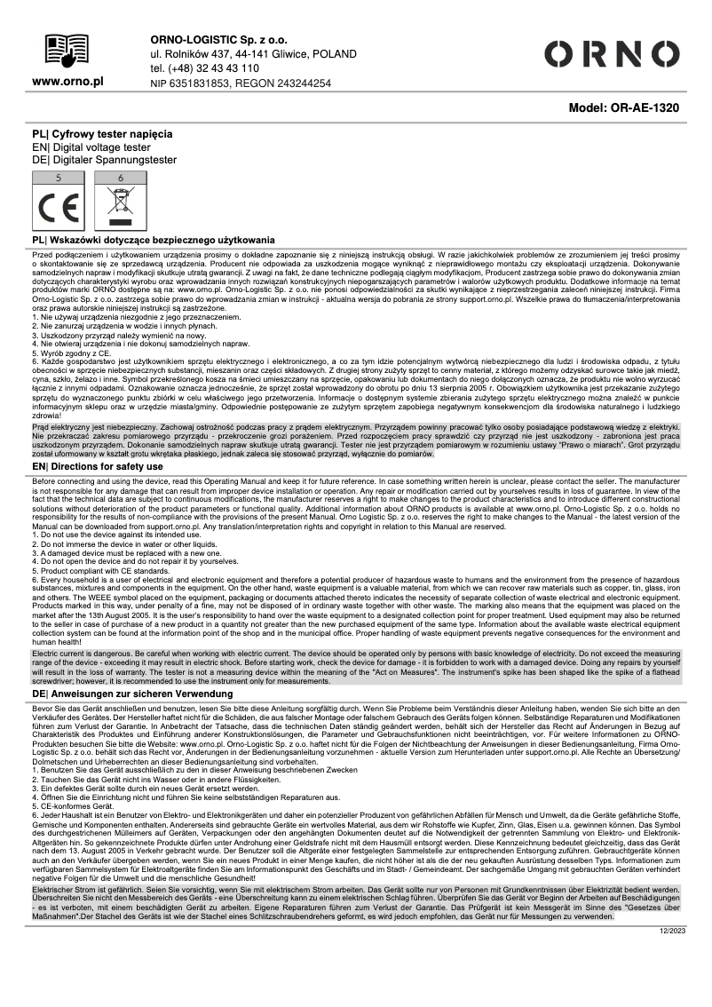 Page 1 de la notice Manuel utilisateur ORNO OR-AE-1320